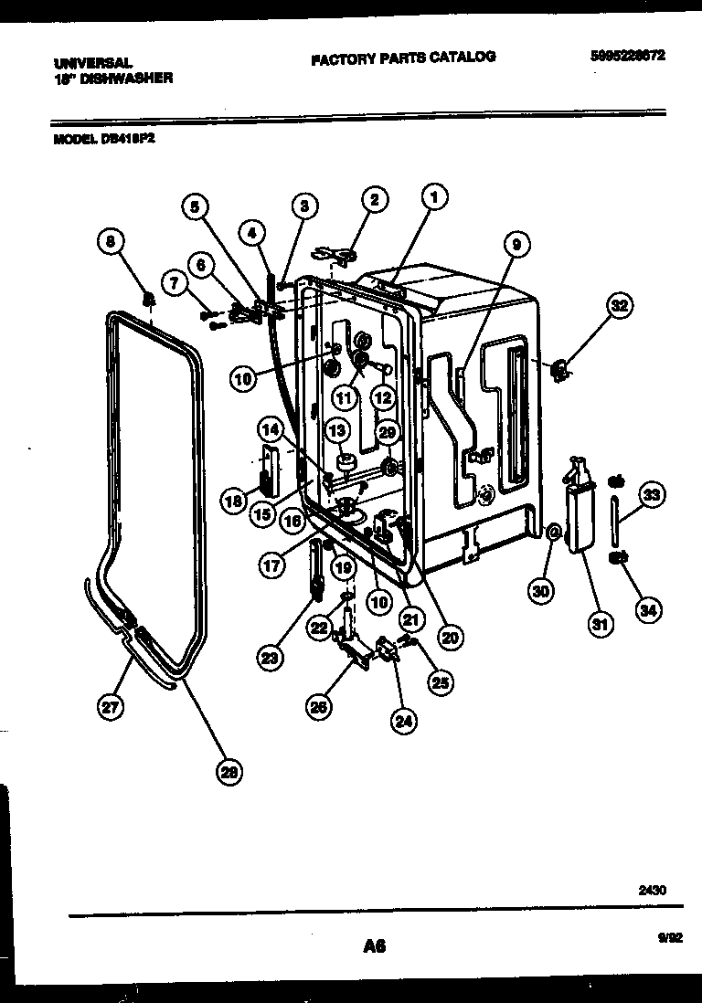 Tappan DB418PW2 tub and frame parts diagram