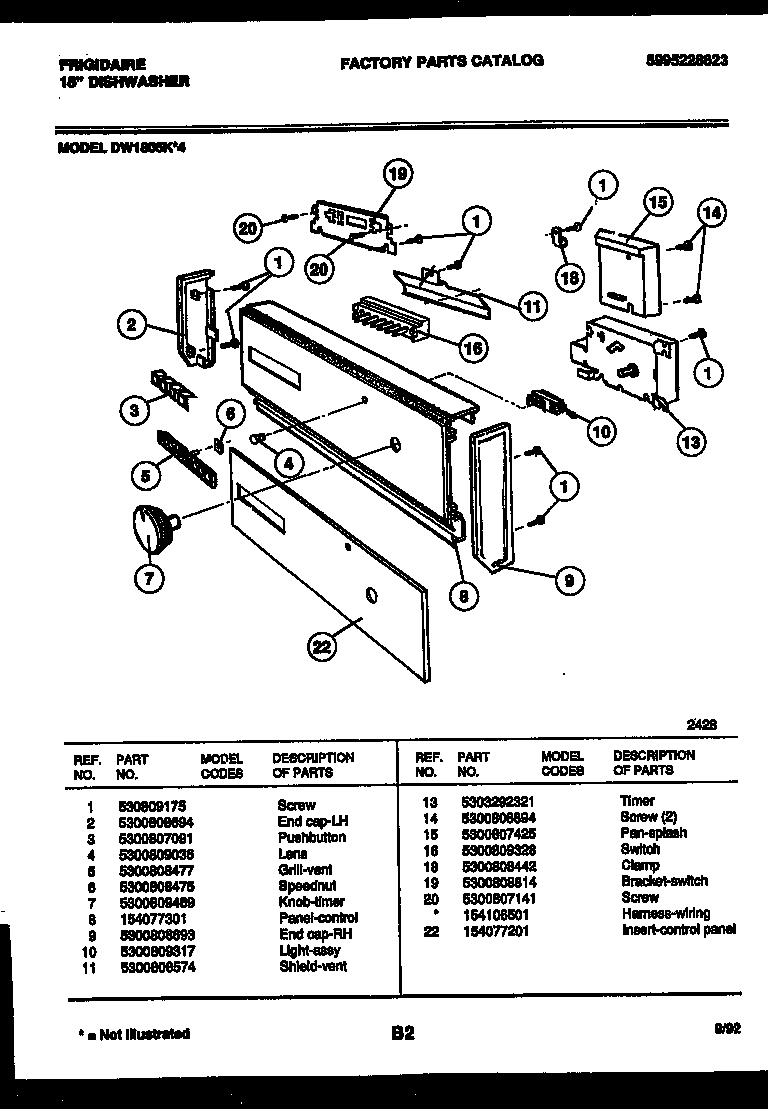 Frigidaire DW1805KW4 console and control parts diagram