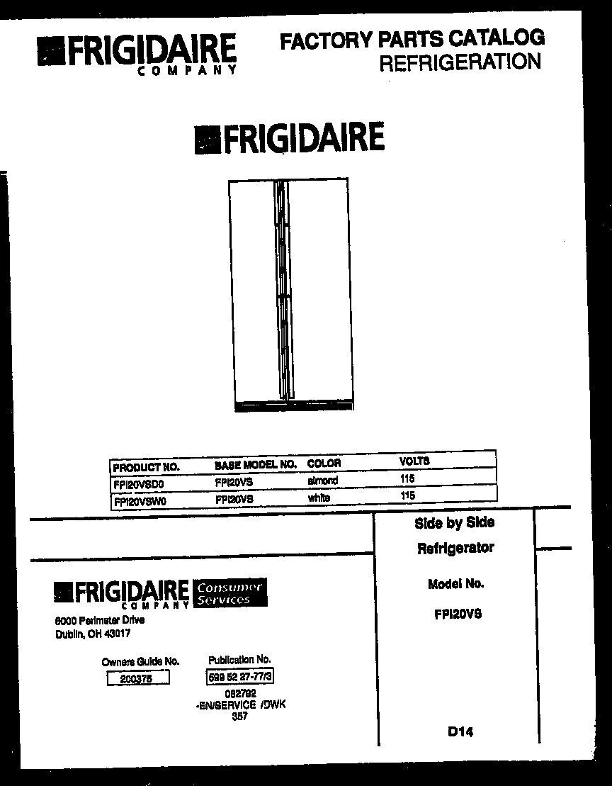 Frigidaire FPI20VSL0 front cover diagram
