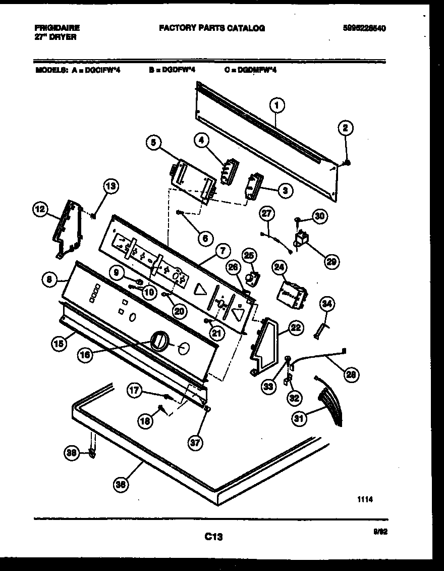 Frigidaire DGDMFL4 console and control parts diagram