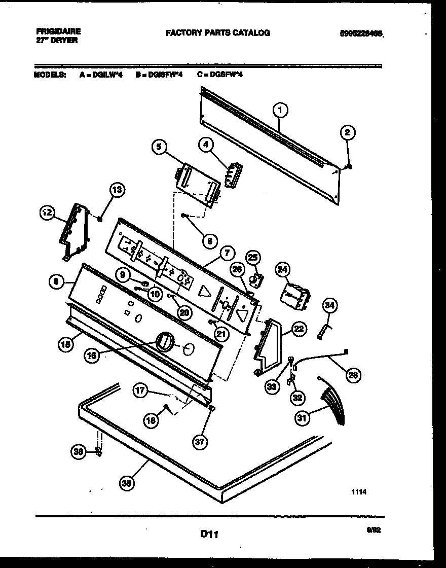 Frigidaire DGILL4 console and control parts diagram