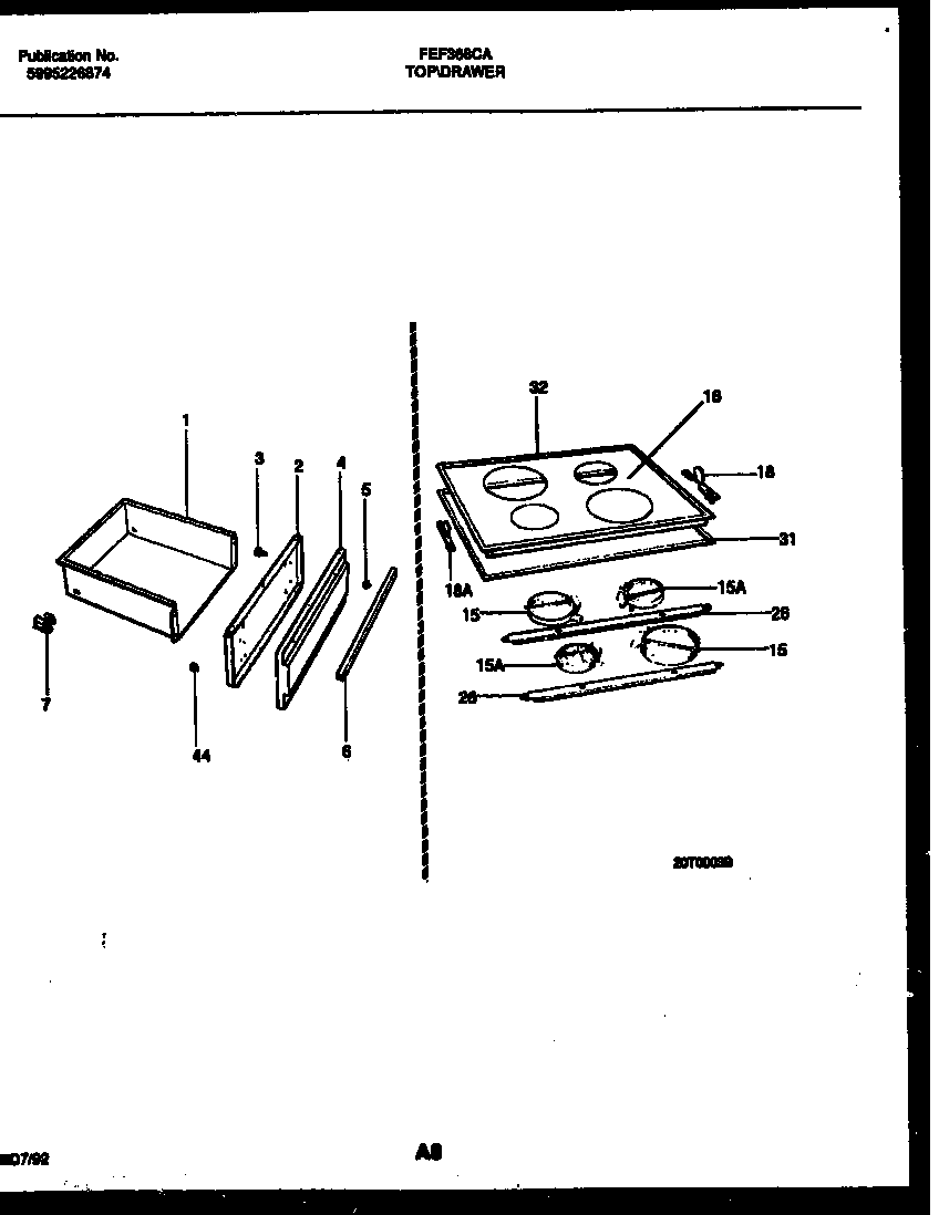 Frigidaire FEF368CASB cooktop and drawer parts diagram