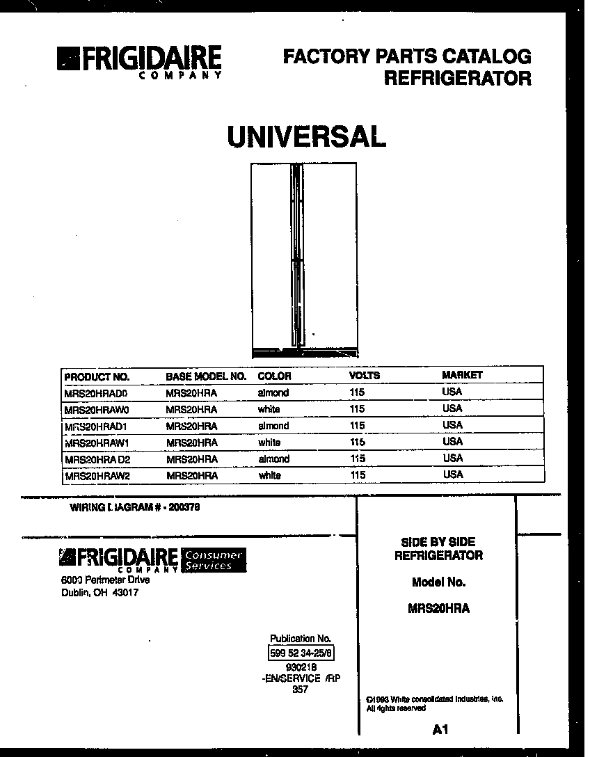 Universal/Multiflex (Frigidaire) MRS20HRAW0 front cover diagram