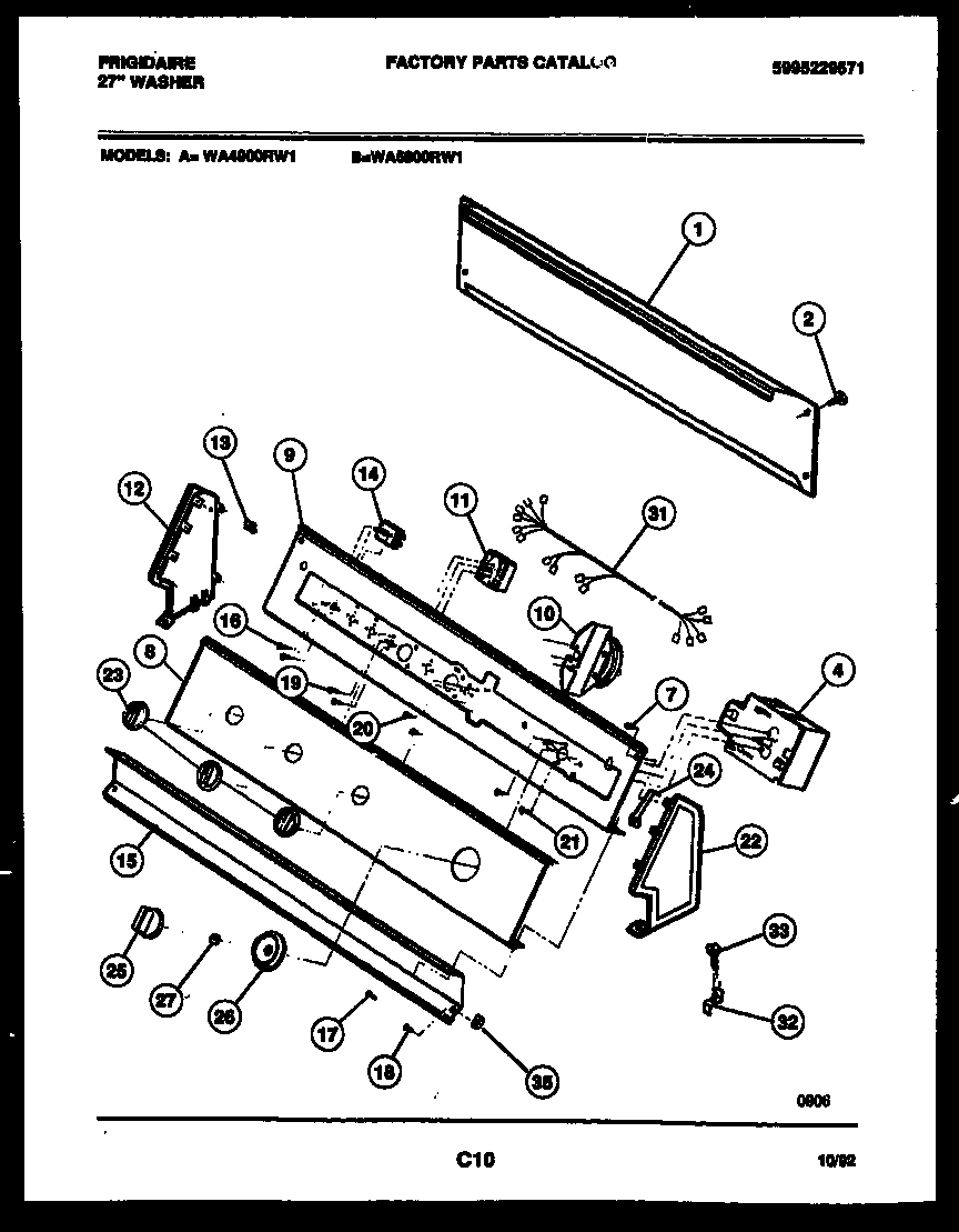 Frigidaire WA5800RW1 console and control parts diagram