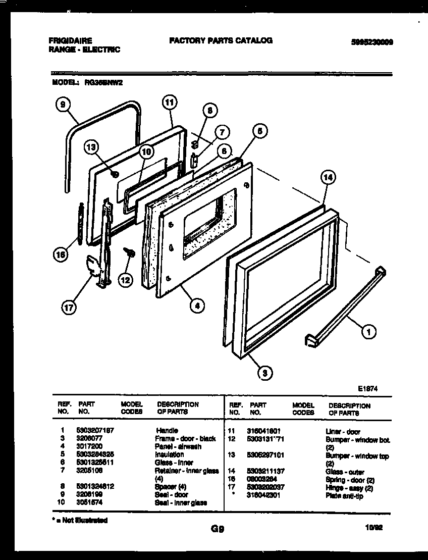 Frigidaire RG36BNW2 door parts diagram