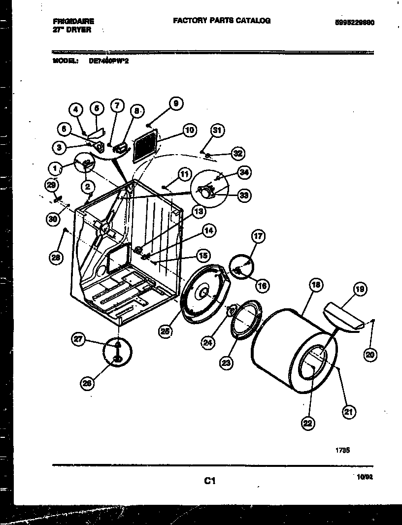 Frigidaire DE7400PW2 cabinet and component parts diagram