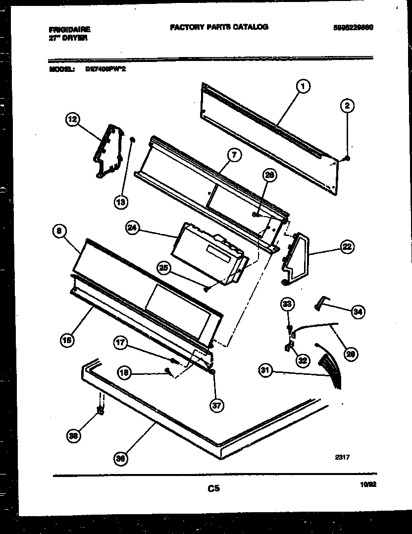 Frigidaire DE7400PW2 console and control parts diagram