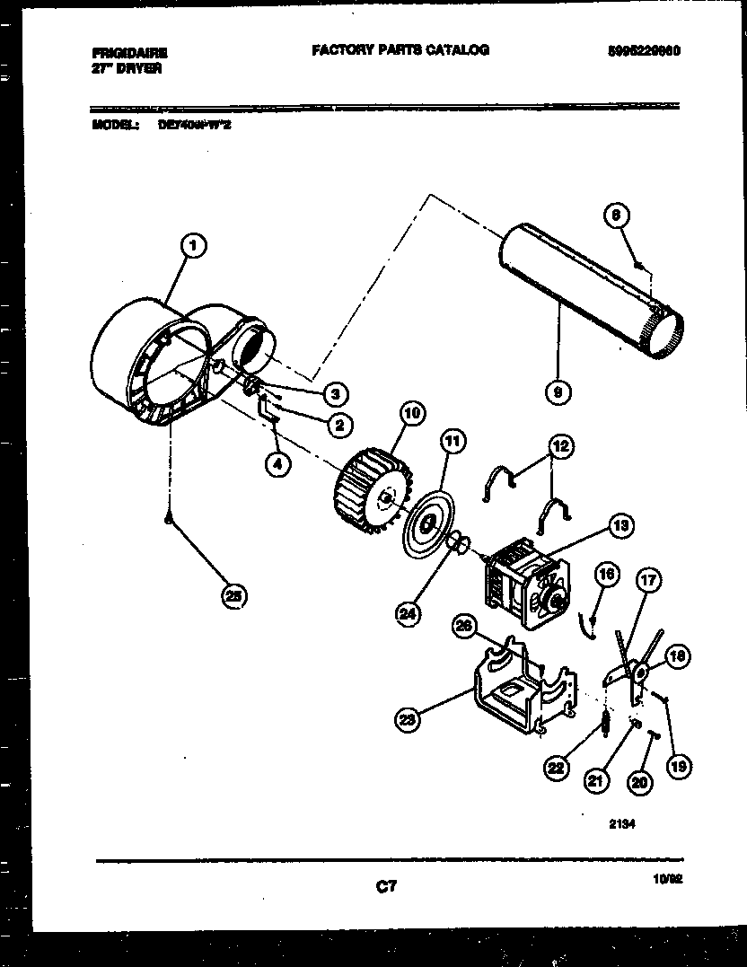 Frigidaire DE7400PW2 blower and drive parts diagram