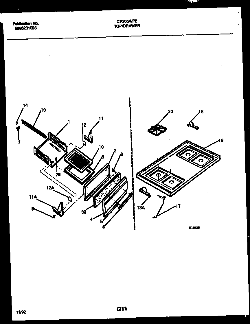 White-Westinghouse CP305WP2W1 cooktop and broiler drawer parts diagram