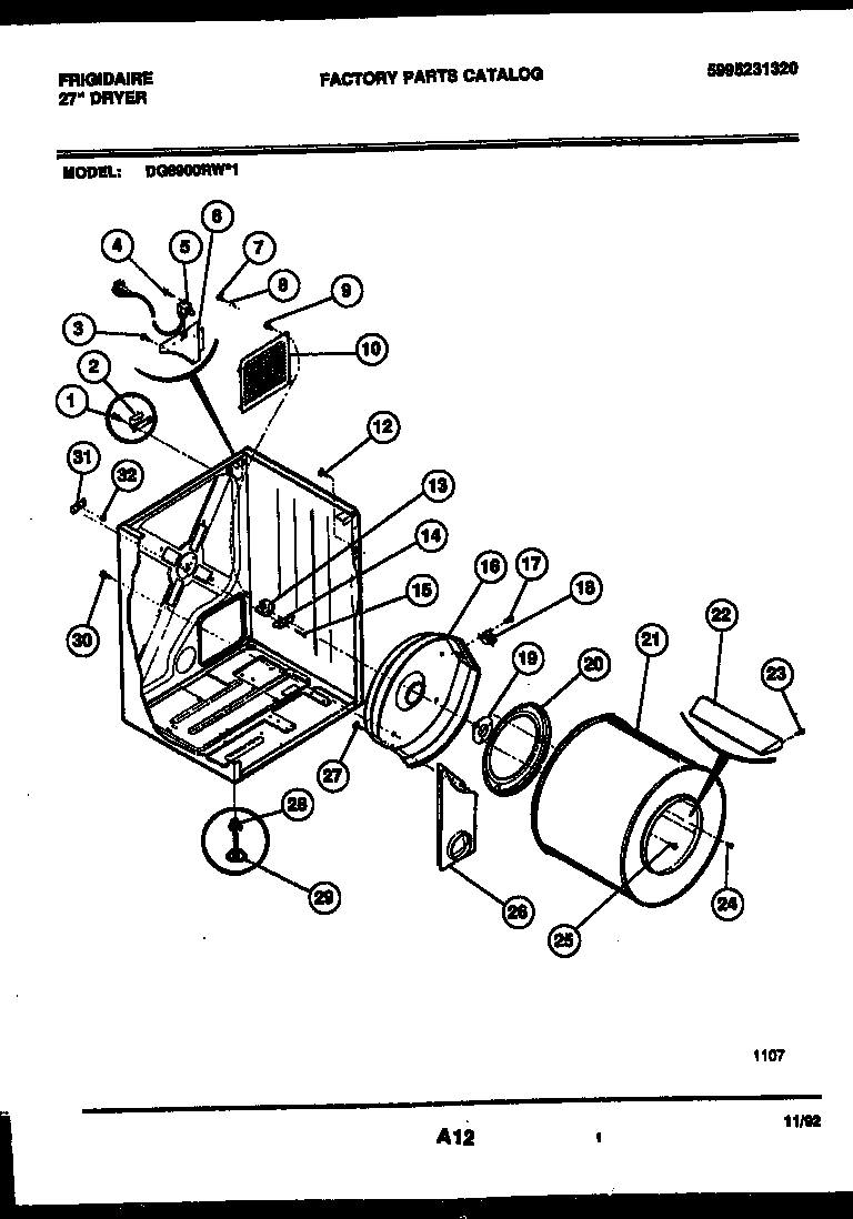 Frigidaire DG6900RW1 cabinet and component parts diagram