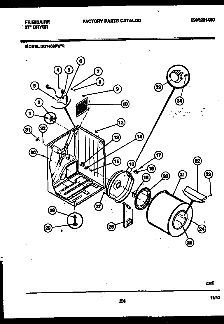 Frigidaire DG7400PW2 cabinet and component parts diagram
