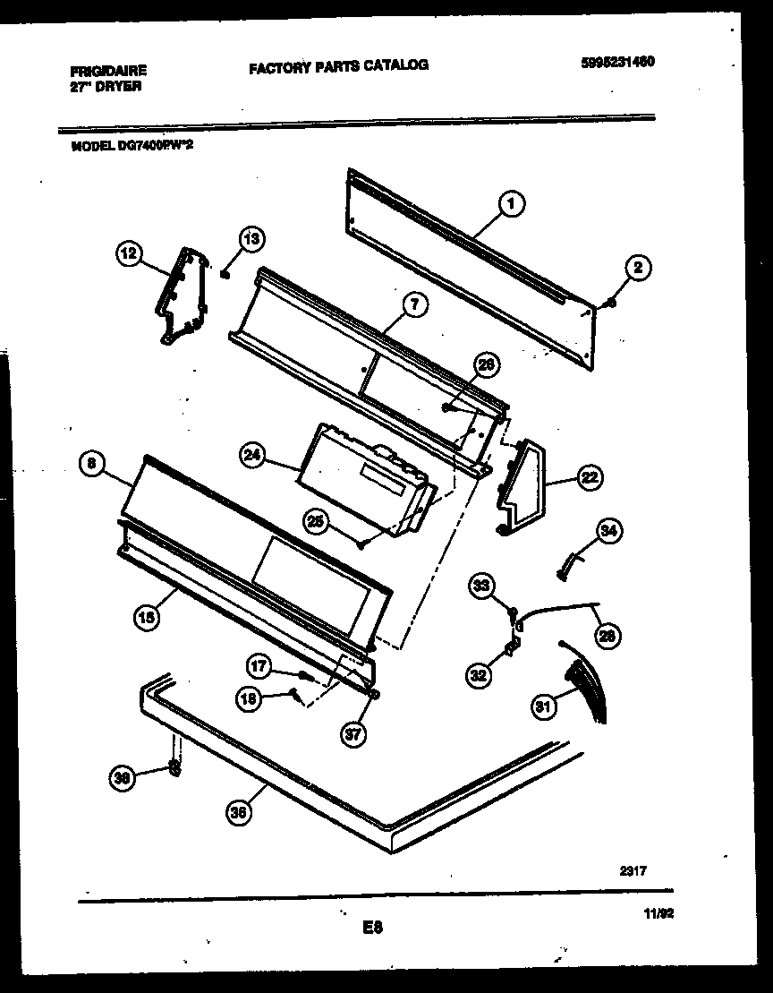 Frigidaire DG7400PW2 console and control parts diagram