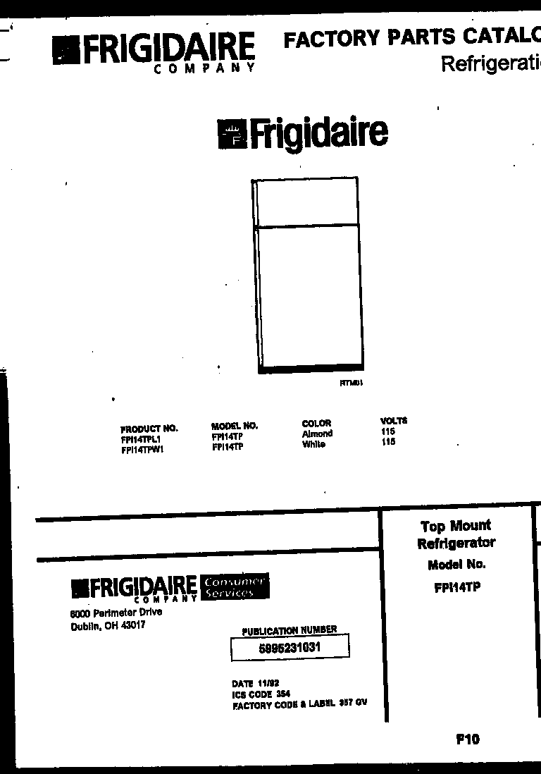 Frigidaire FPI14TPL1 cover diagram