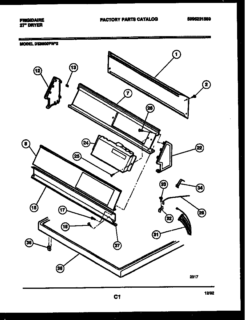 Frigidaire DE8800PW2 console and control parts diagram
