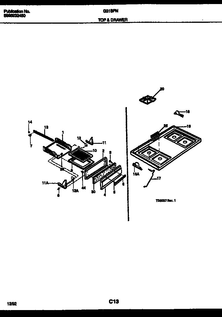 Frigidaire G31BPNL5 cooktop and broiler drawer parts diagram