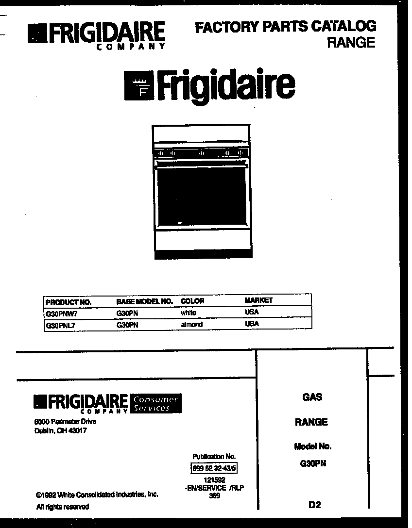 Frigidaire G30PNW7 cover diagram