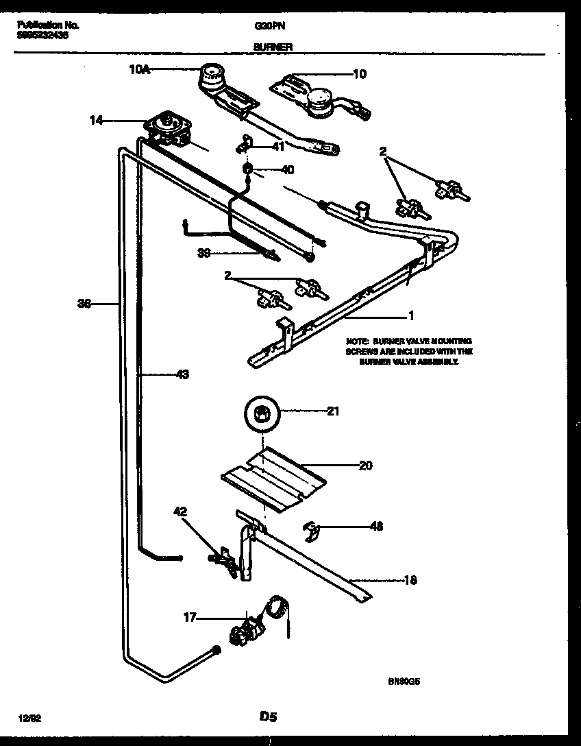 Frigidaire G30PNW7 burner, manifold and gas control diagram