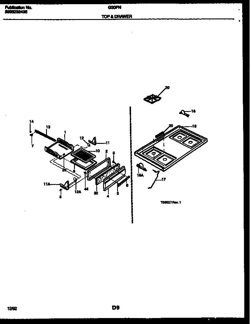 Frigidaire G30PNW7 cooktop and broiler drawer parts diagram