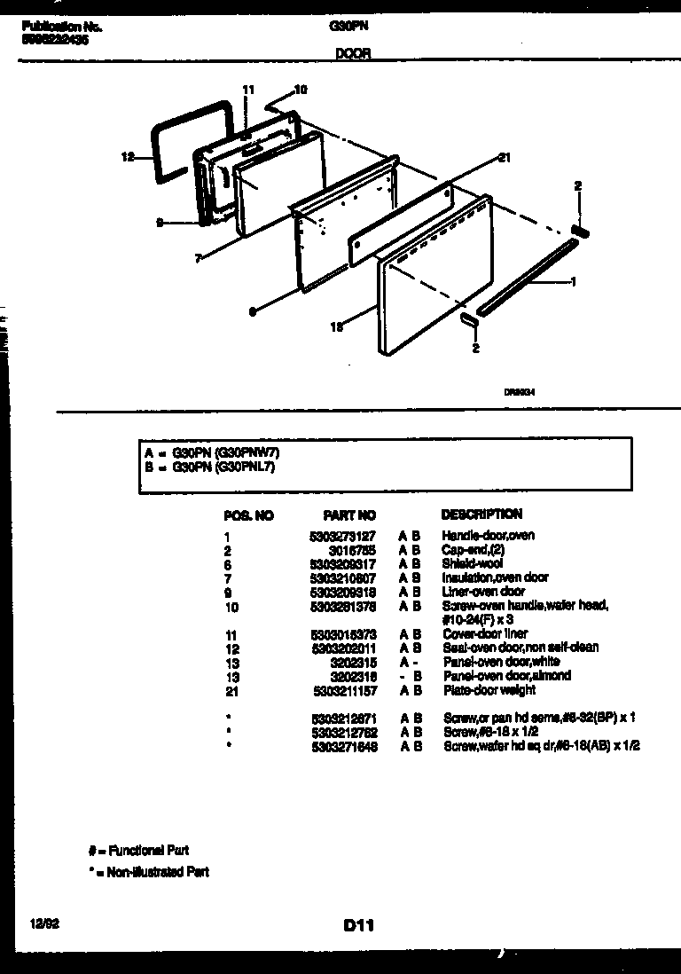 Frigidaire G30PNW7 door parts diagram