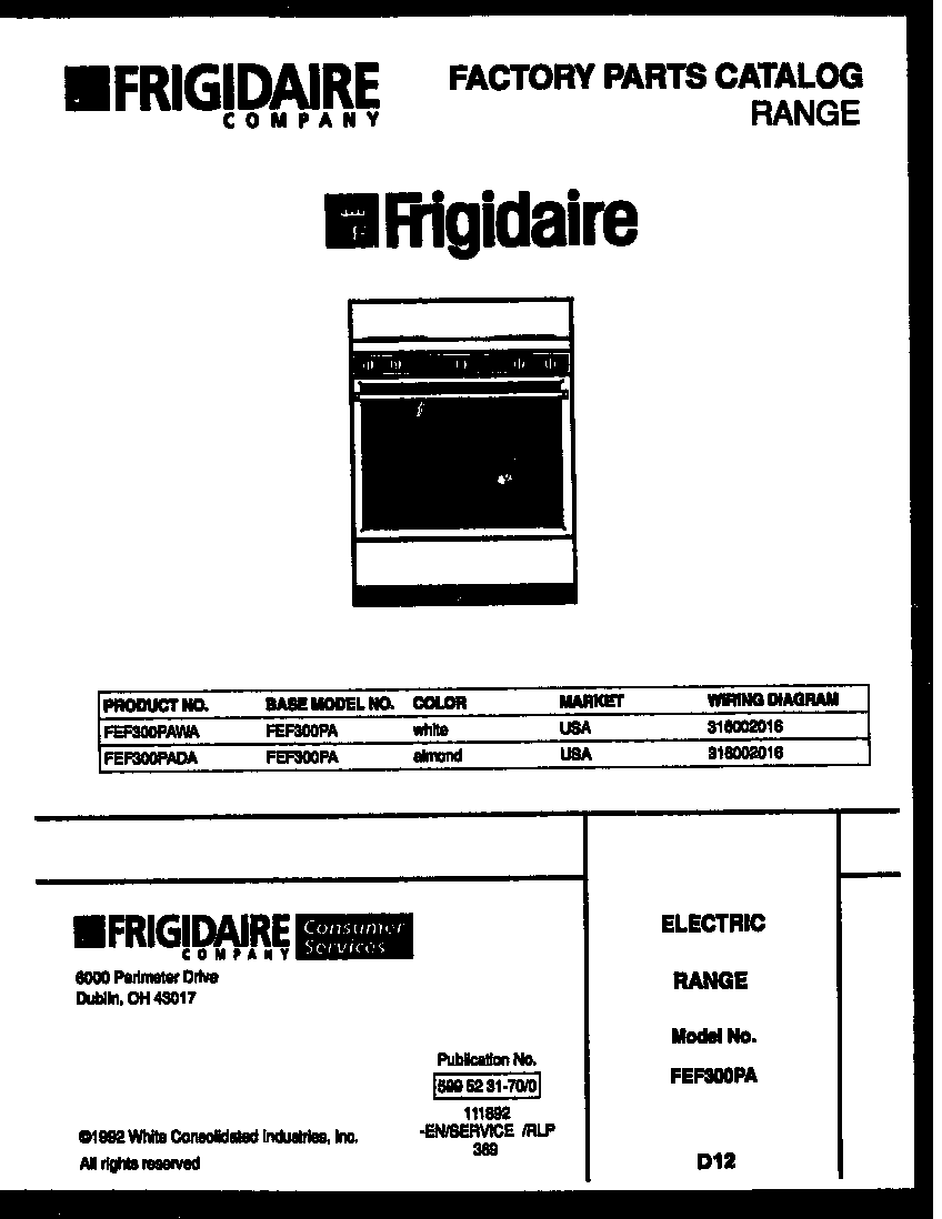 Frigidaire FEF300PADA cover diagram