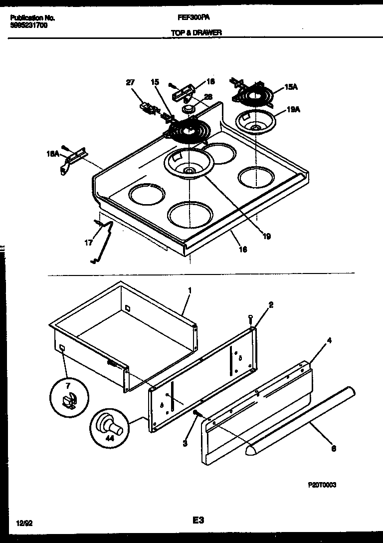 Frigidaire FEF300PADA cooktop and drawer parts diagram