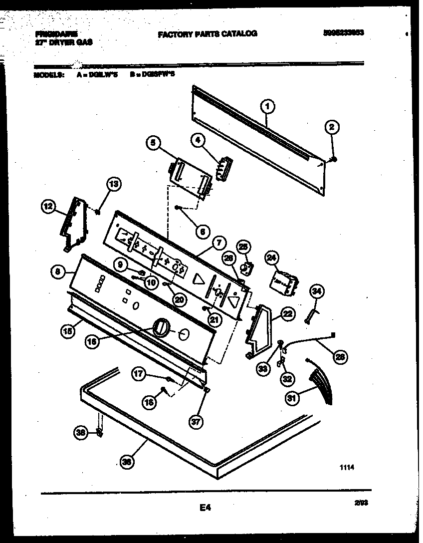 Frigidaire DGISFL5 console and control parts diagram