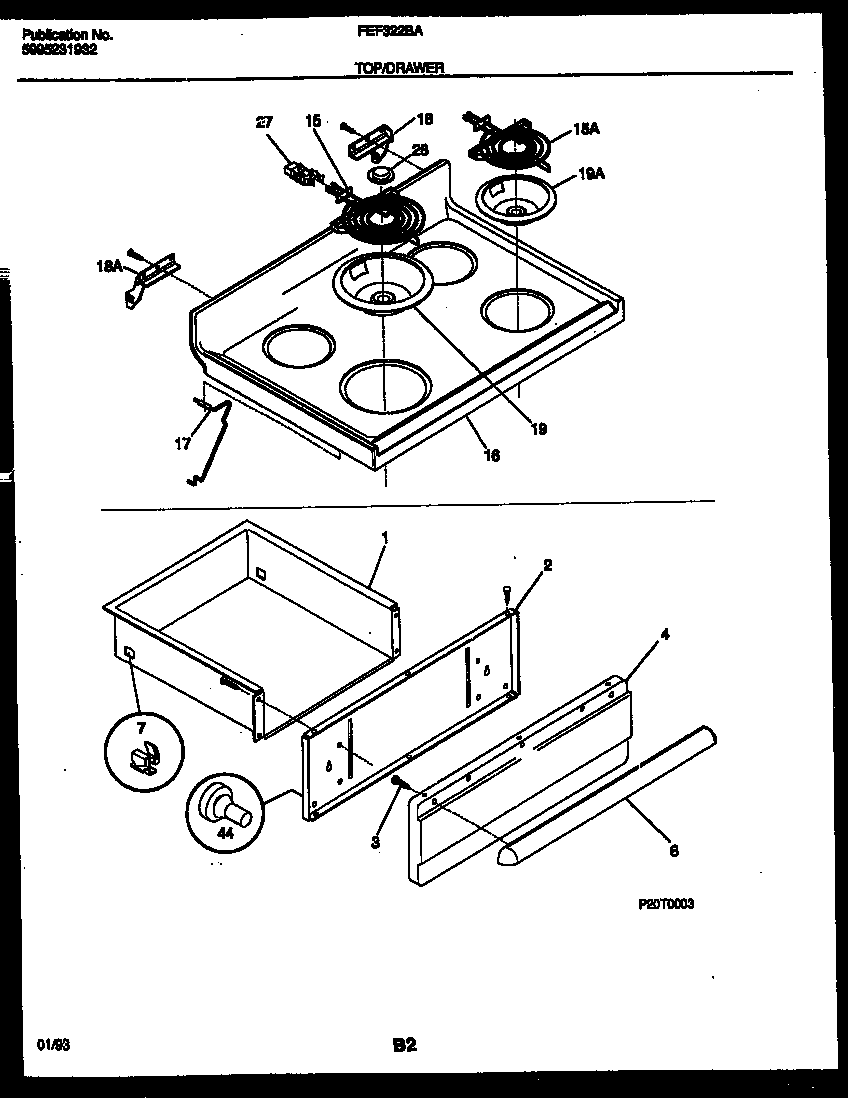 Frigidaire FEF322BAWA cooktop and drawer parts diagram