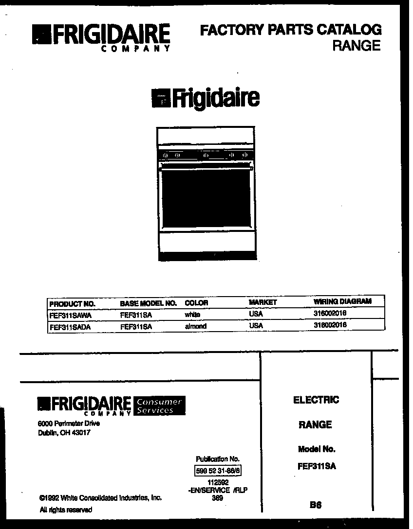 Frigidaire FEF311SADA cover diagram