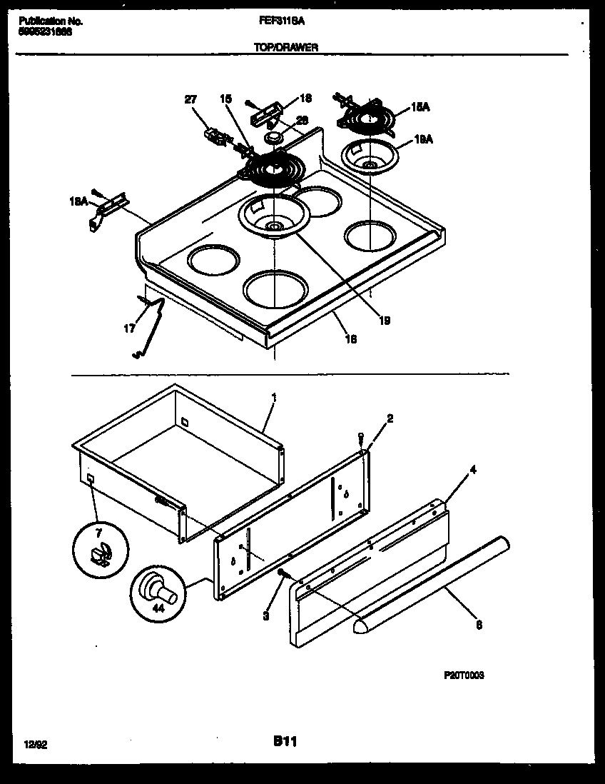 Frigidaire FEF311SADA cooktop and drawer parts diagram