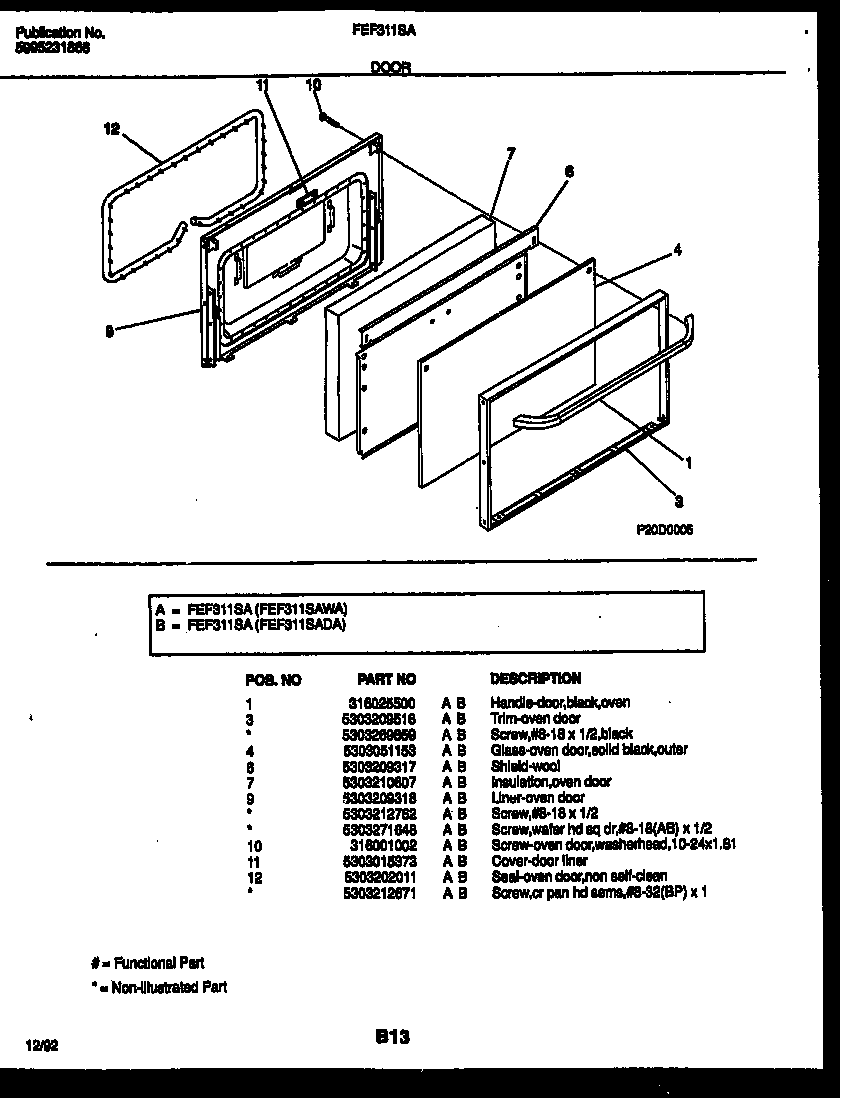 Frigidaire FEF311SADA door parts diagram