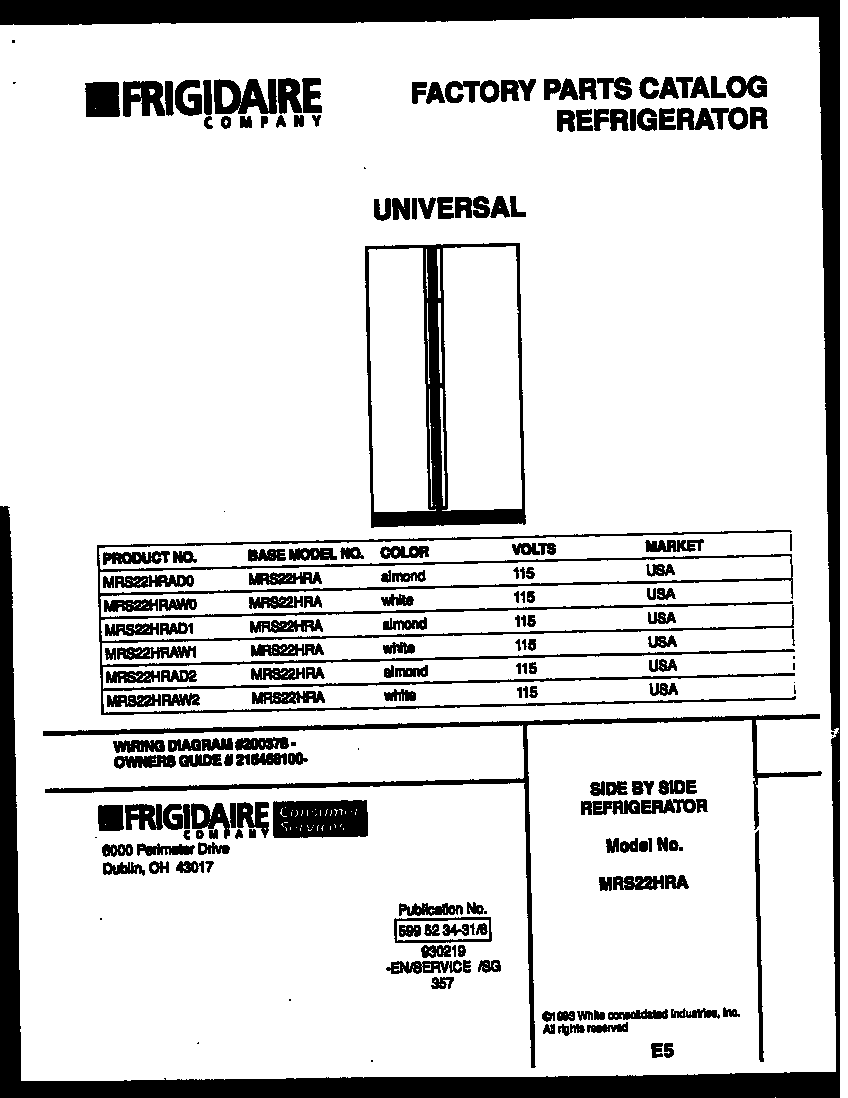 Universal/Multiflex (Frigidaire) MRS22HRAD0 front cover diagram