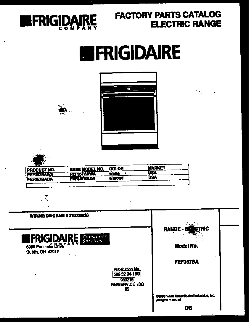 Frigidaire FEF357BADA cover diagram