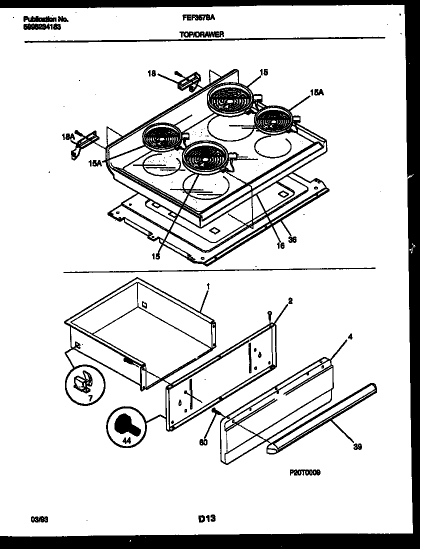 Frigidaire FEF357BADA cooktop and broiler drawer parts diagram