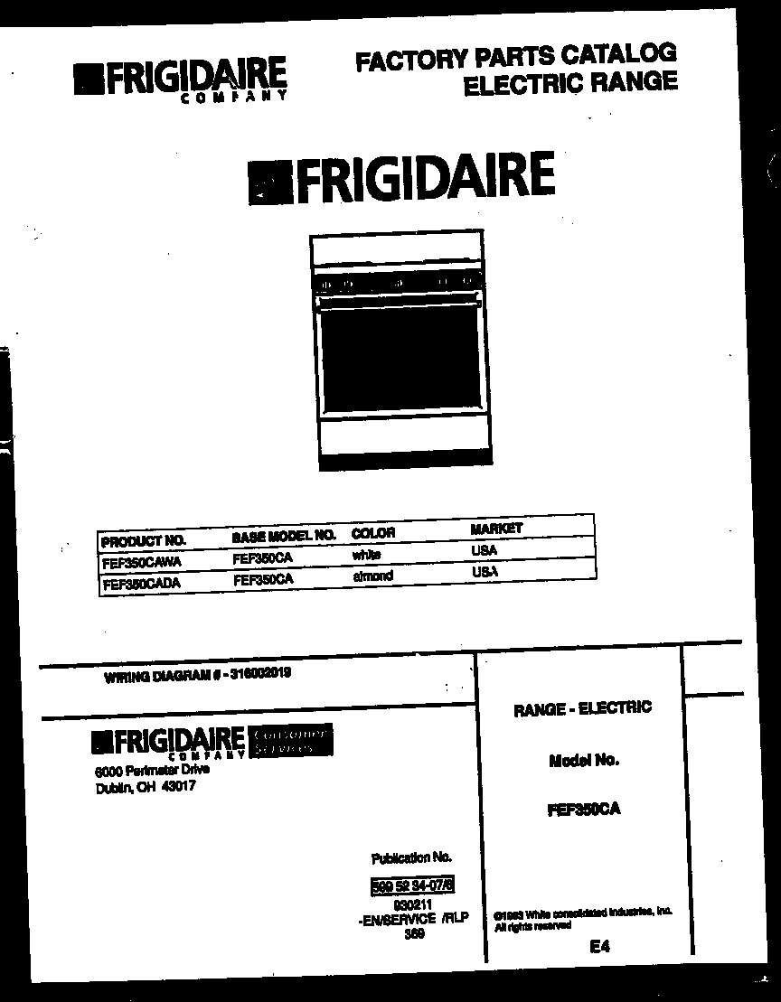 Frigidaire FEF350CADA cover diagram