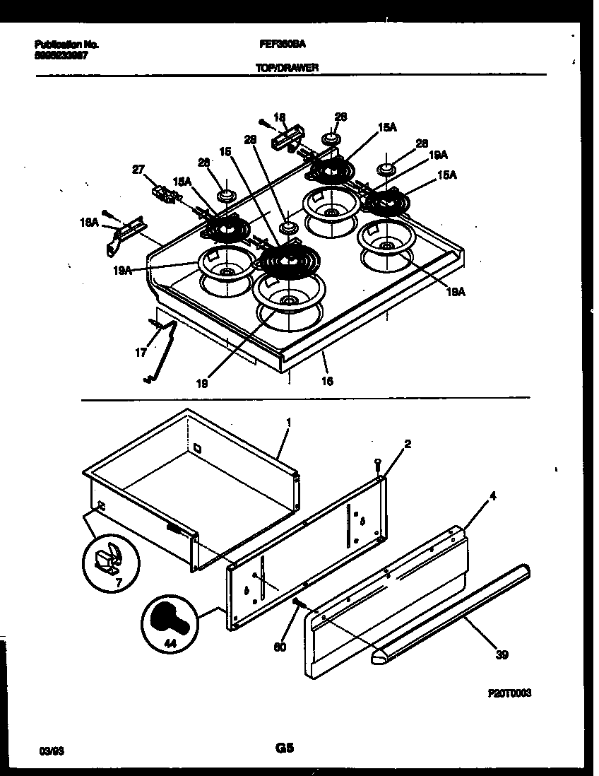 Frigidaire FEF350BAWA cooktop and drawer parts diagram