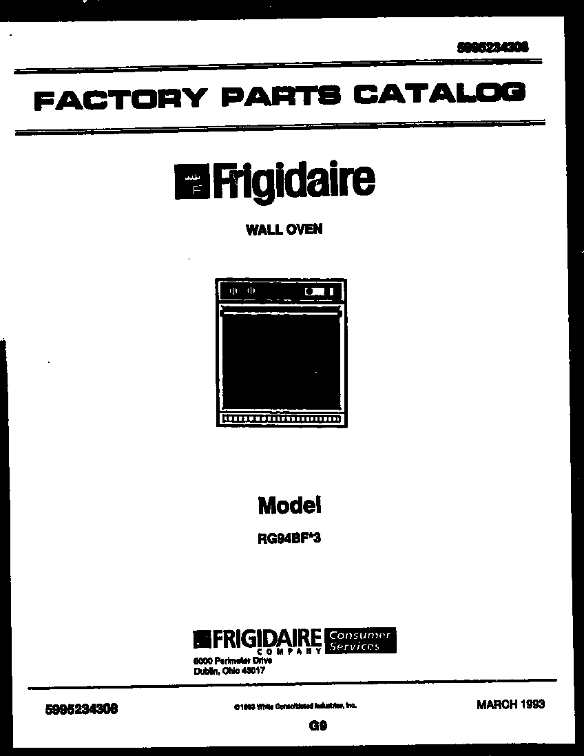 Frigidaire RG94BF3 cover page- text only diagram