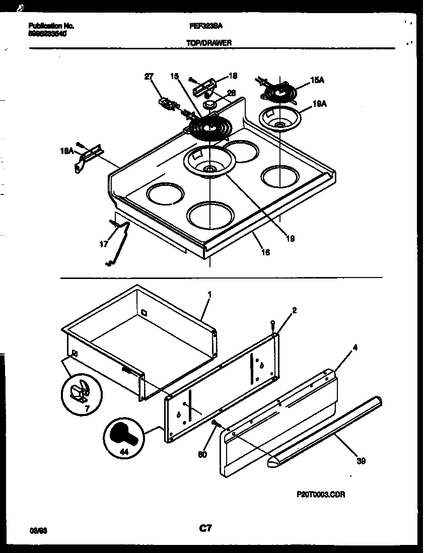 Frigidaire FEF323BAWA cooktop and drawer parts diagram