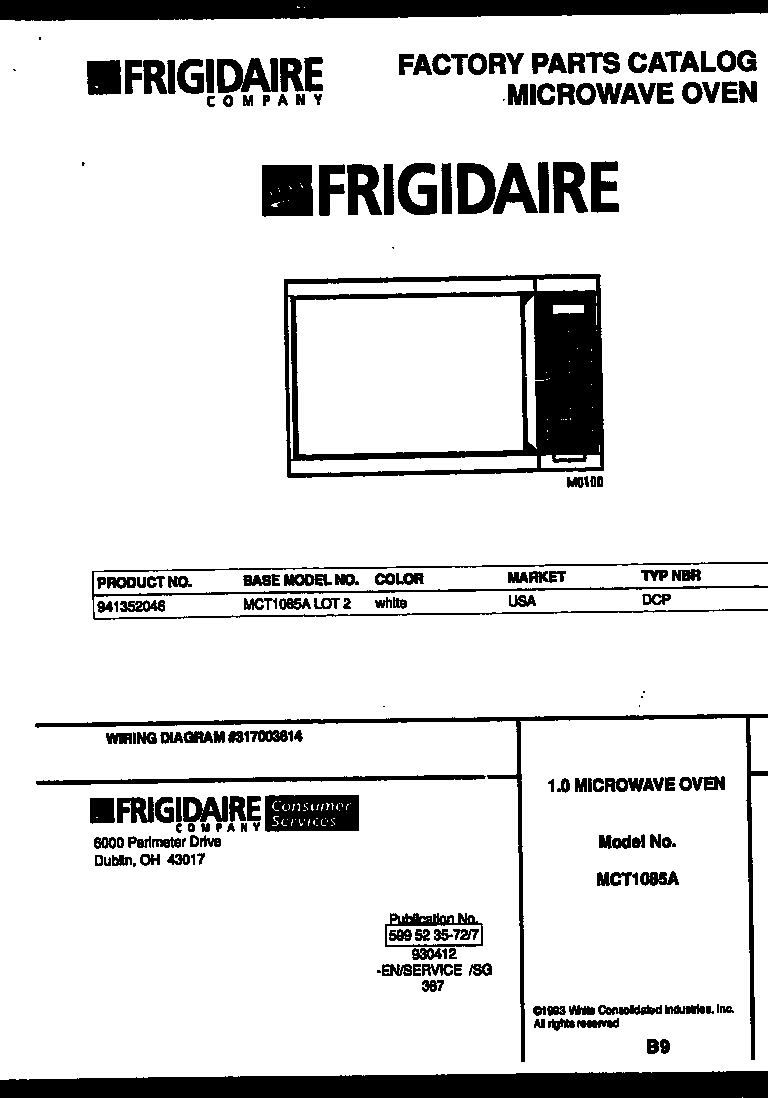 Frigidaire MCT1085A2 front cover diagram