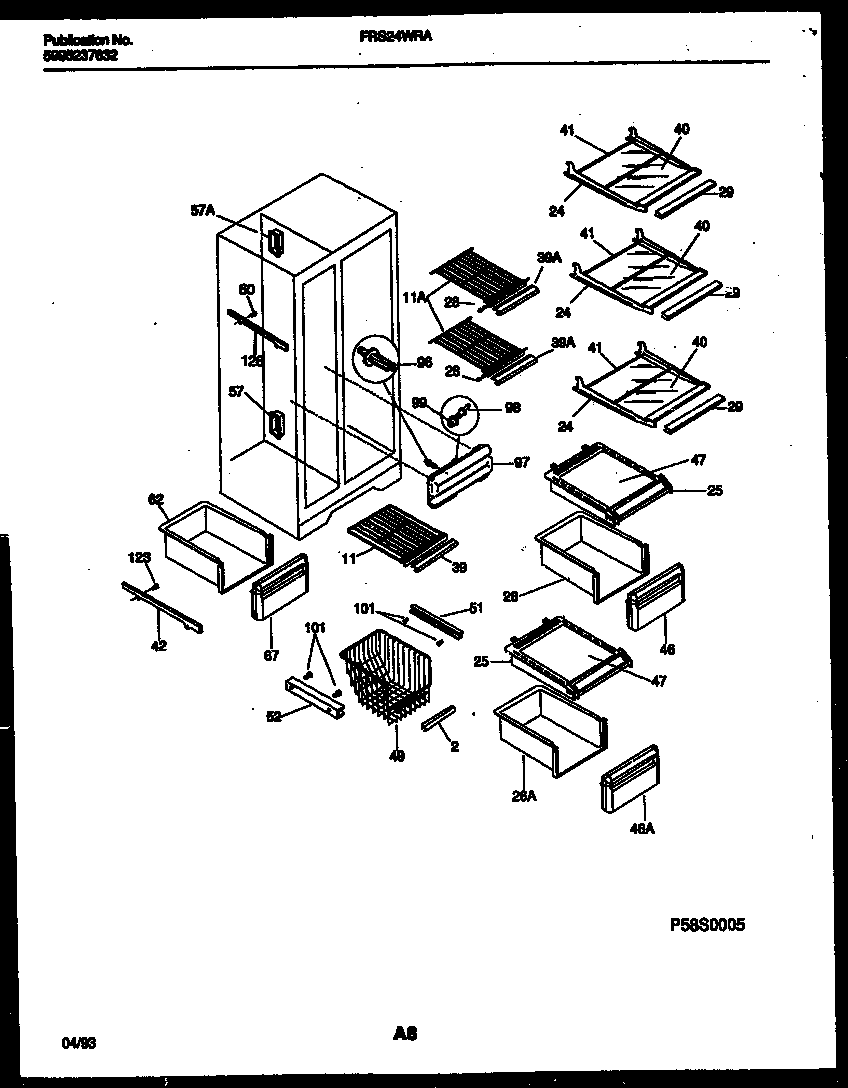 Frigidaire FRS24WRAW1 shelves and supports diagram