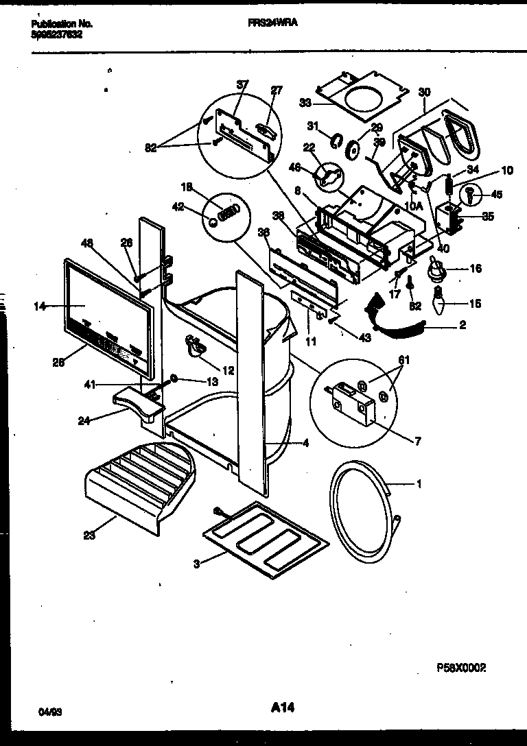 Frigidaire FRS24WRAW1 ice door, dispenser and water tanks diagram