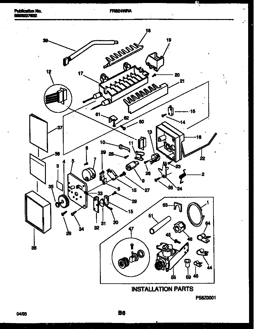 Frigidaire FRS24WRAW1 ice maker and installation parts diagram