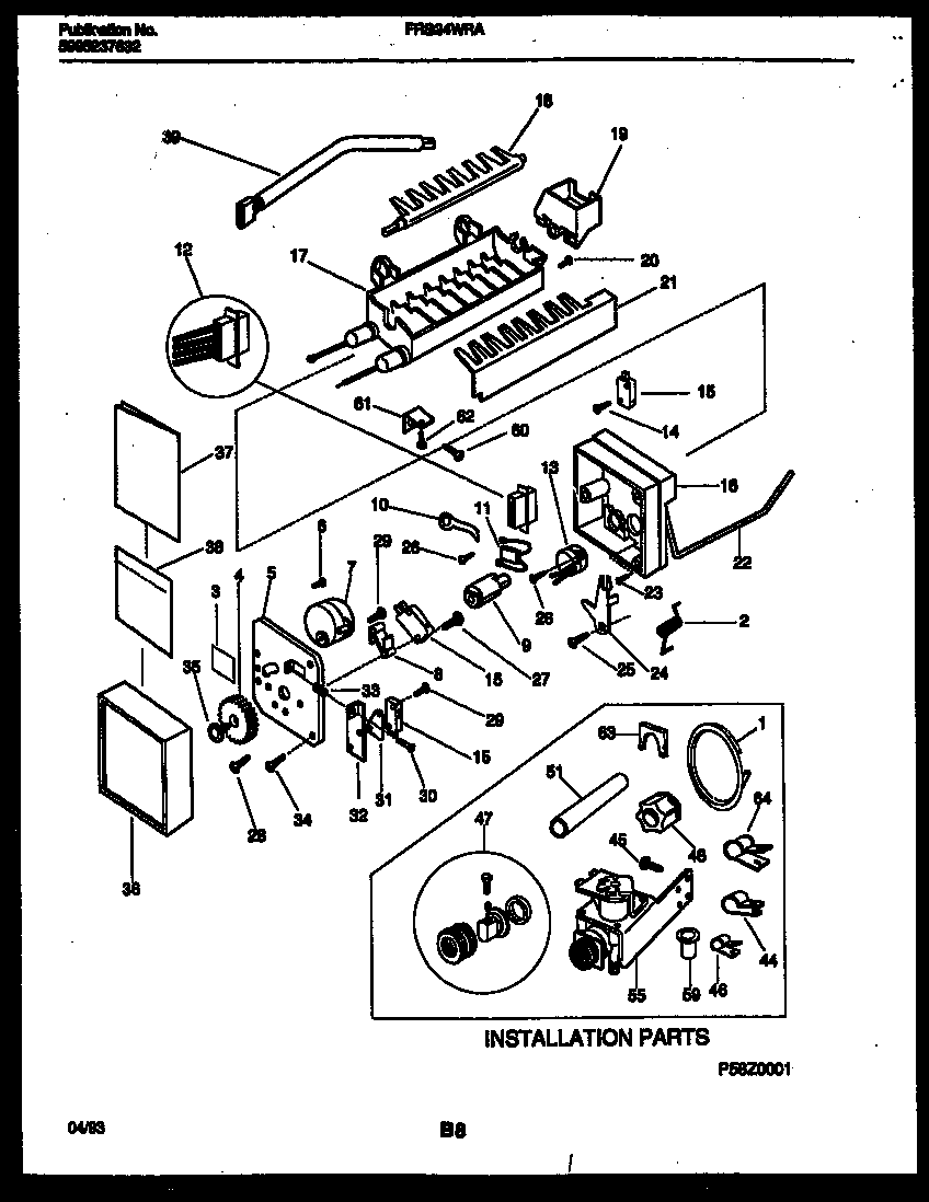 Frigidaire FRS24WRAW1 ice maker and installation parts diagram