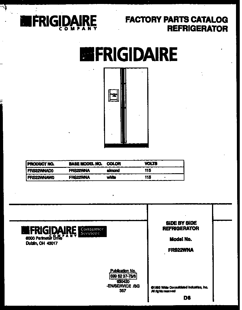 Frigidaire FRS22WNAD0 front cover diagram