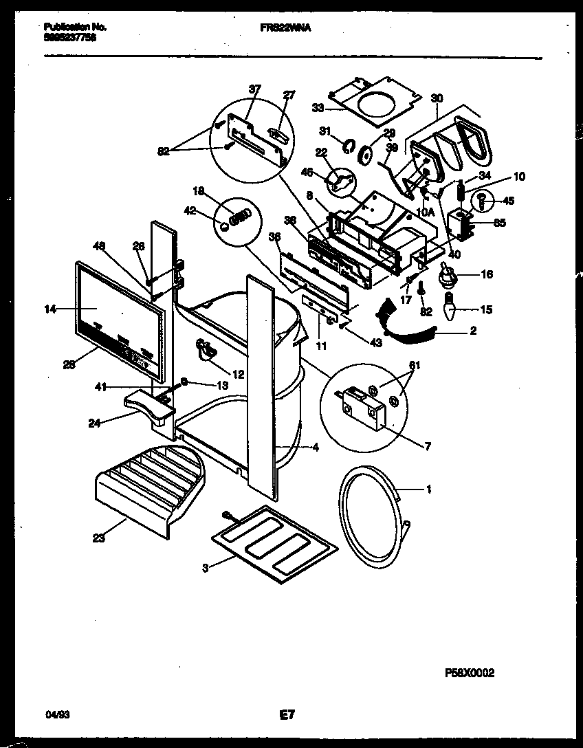 Frigidaire FRS22WNAD0 ice door, dispenser and water tanks diagram