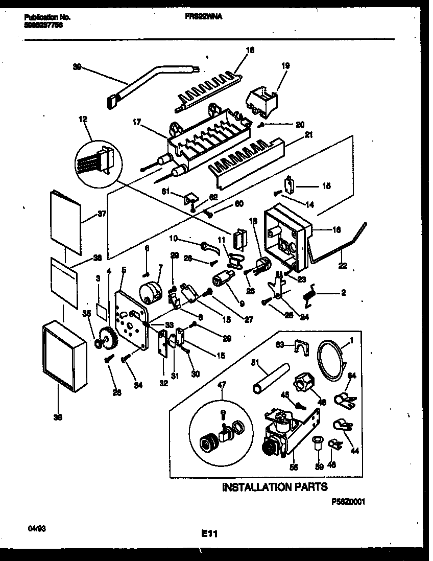 Frigidaire FRS22WNAD0 ice maker and installation parts diagram