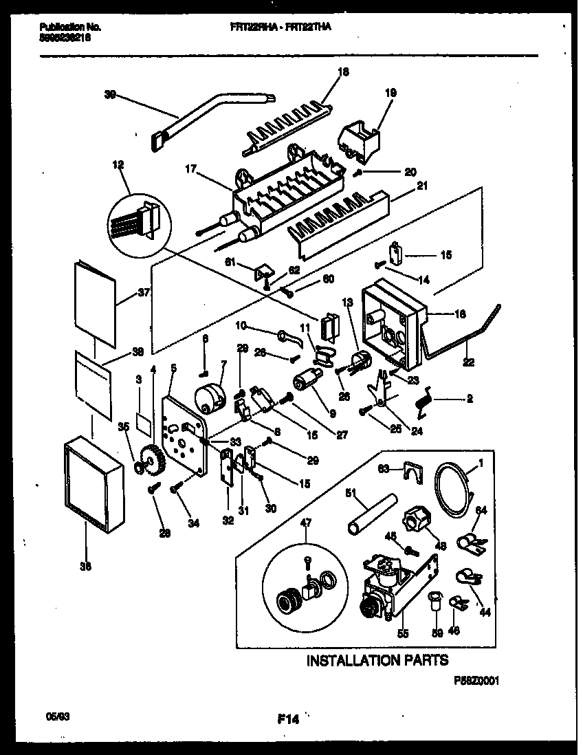 Frigidaire FRT22THAW0 ice maker and installation parts diagram