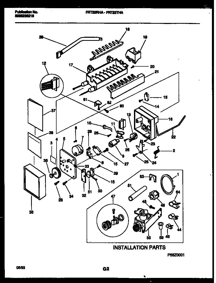 Frigidaire FRT22THAW0 ice maker and installation parts diagram