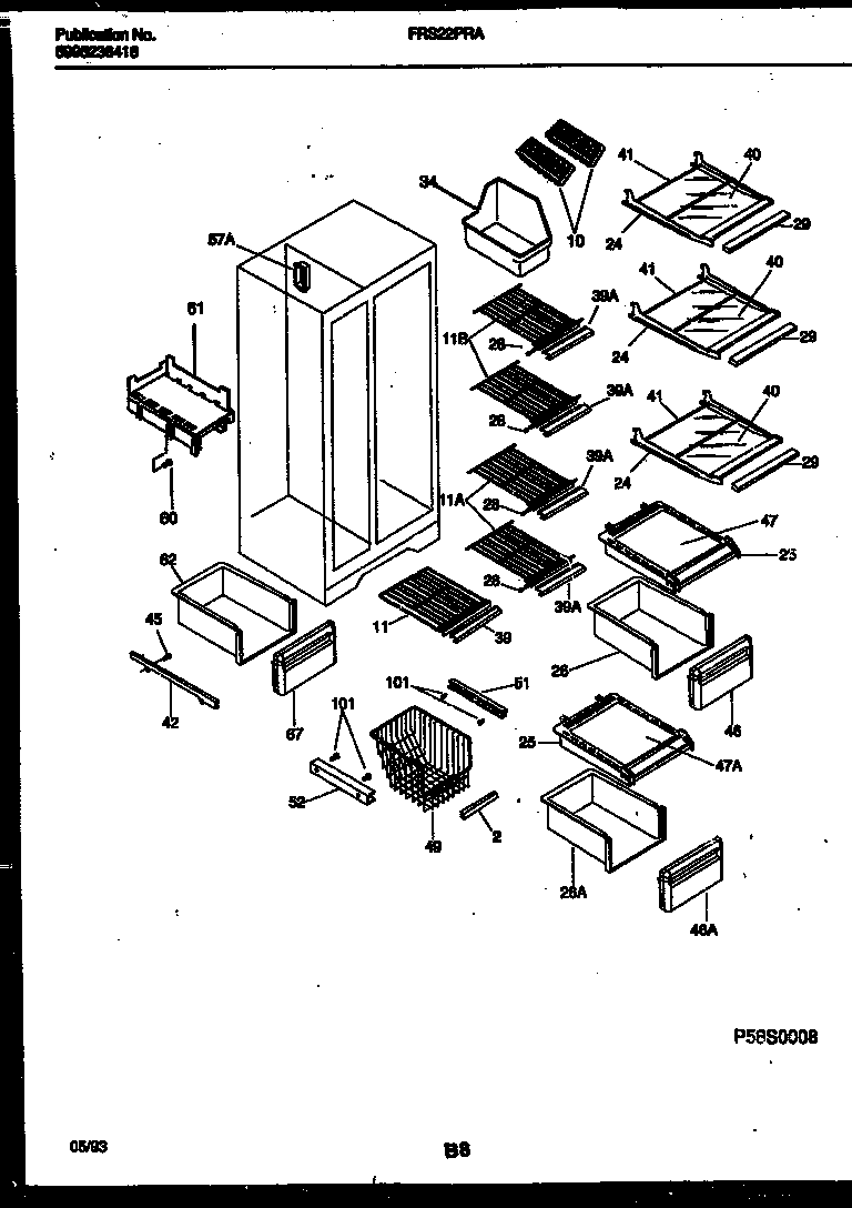 Frigidaire FRS22PRAW2 shelves and supports diagram
