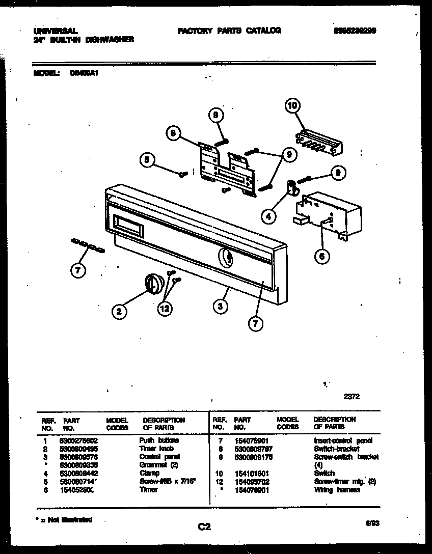 Tappan DB400A1 console and control parts diagram