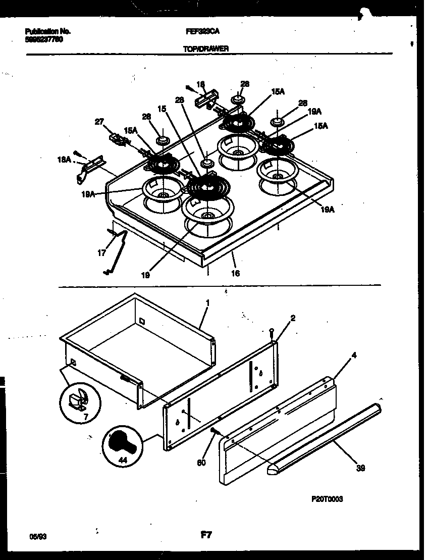 Frigidaire FEF323CASA cooktop and drawer parts diagram